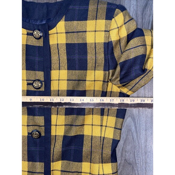 KASPER For ALS Vtg SKIRT SUIT In Mustard & Blue Plaid Size 6P w/Shoulder Pads - Picture 11 of 16